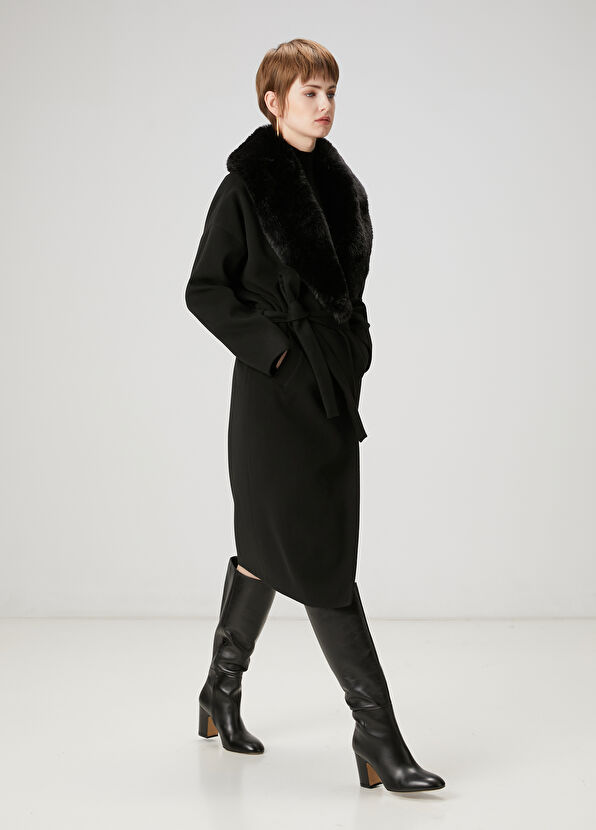 Beymen Club Black Fur Collar Double-Breasted Coat - 3