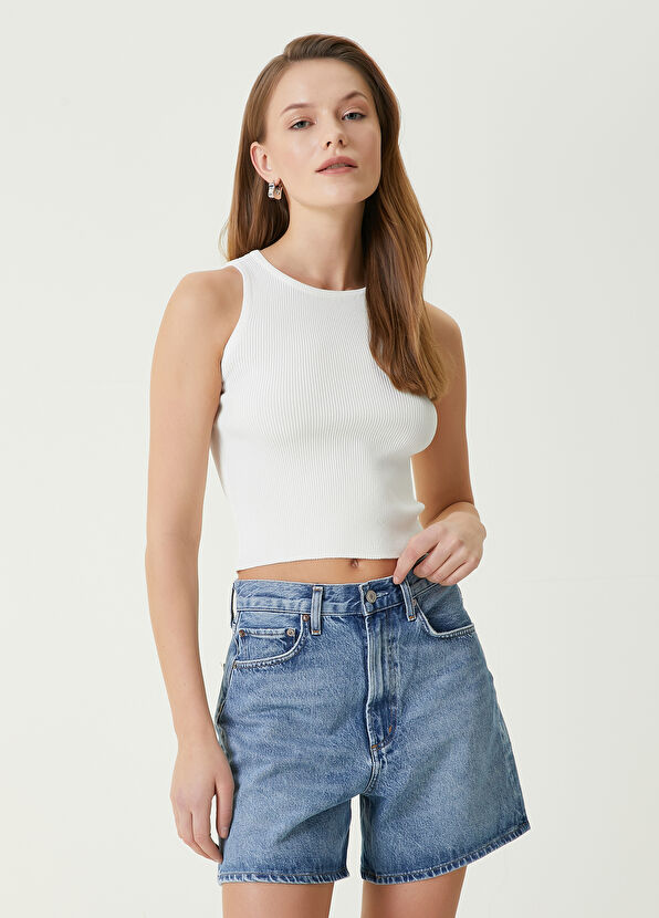 Beymen Club Off-White Ribbed Crop Top - 1
