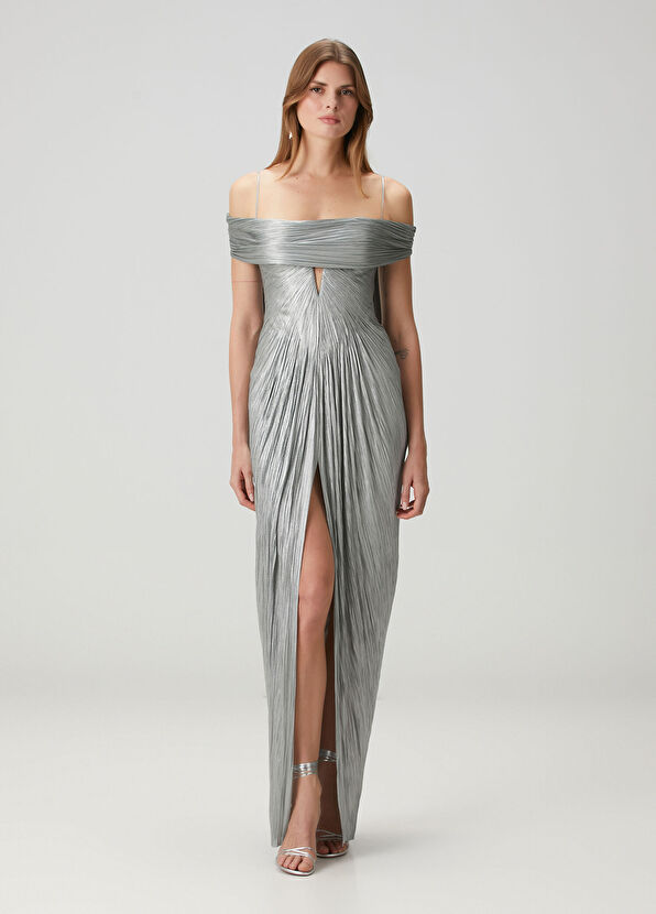 Tonia Mavi Maksi İpek Abiye Elbise - Görsel 3