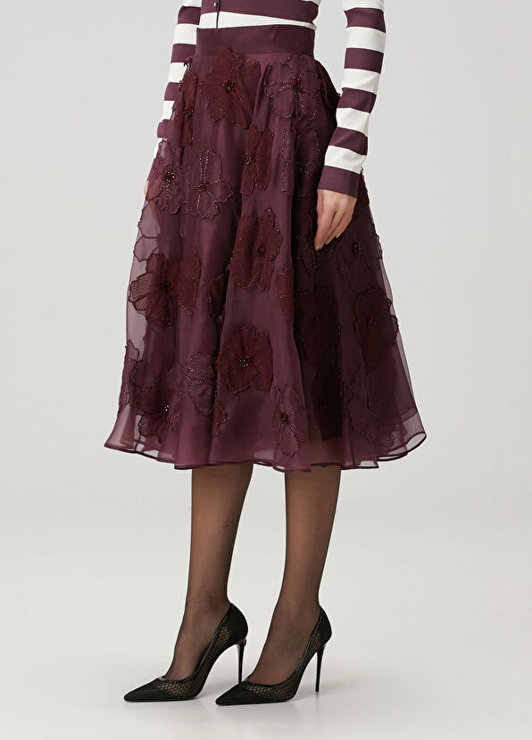 Dolce&Gabbana Bordo İşlemeli Midi İpek Organza Etek - 2
