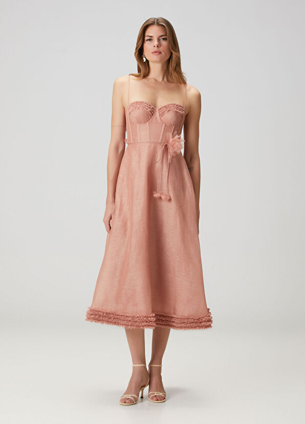 Pembe Midi Keten Elbise - Görsel 3