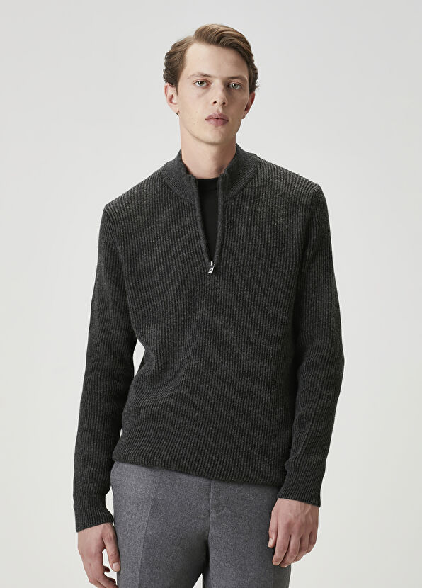 Beymen Club Antrasit Melanj Yakası Fermuarlı Kazak - 1