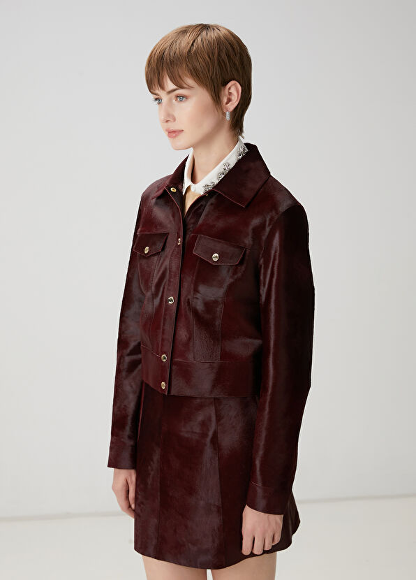 Beymen Club Bordo Tay Tüyü Deri Trucker Ceket - 4