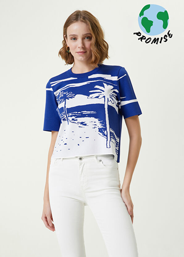 Beymen Club Mavi Bisiklet Yaka Palmiye Jakarlı Kazak - 1