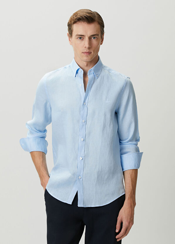 Beymen Club Comfort Fit Linen Shirt With Blue Tonal Embroidery - 2
