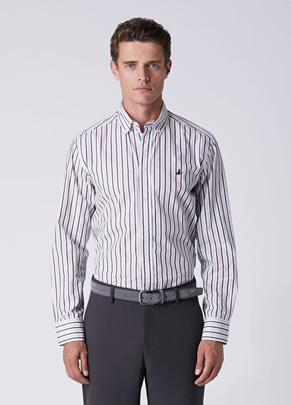 Beymen Club Comfort Fit Beyaz Bordo Çizgi Desenli Gömlek - 2