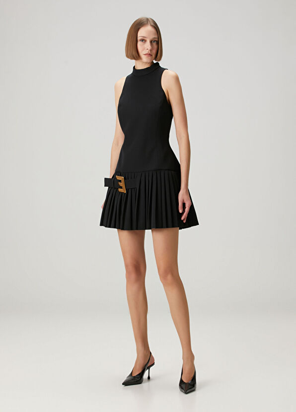 Siyah Kemer Detaylı Pileli Mini Yün Elbise - Görsel 3