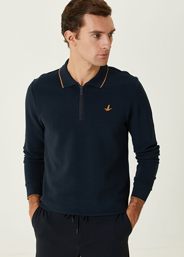 Beymen Club Slim Fit Navy Ottoman Textured Polo Sweatshirt - 2