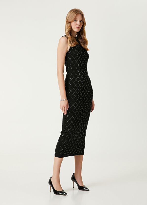 Beymen Club Black Rhinestoned Midi Knit Dress - 4