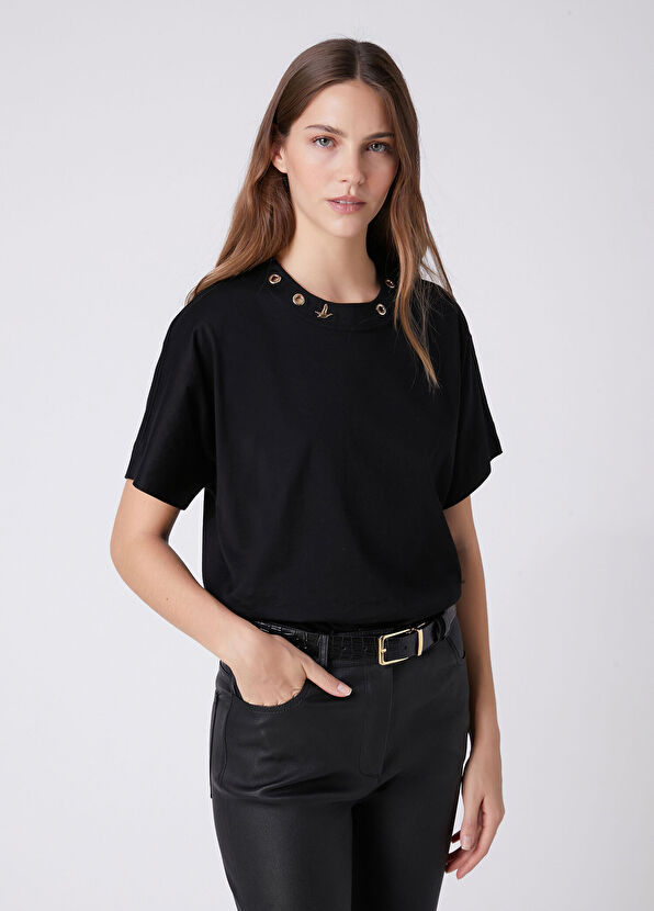 Beymen Club Black Eyelet Detailed T-Shirt - 1