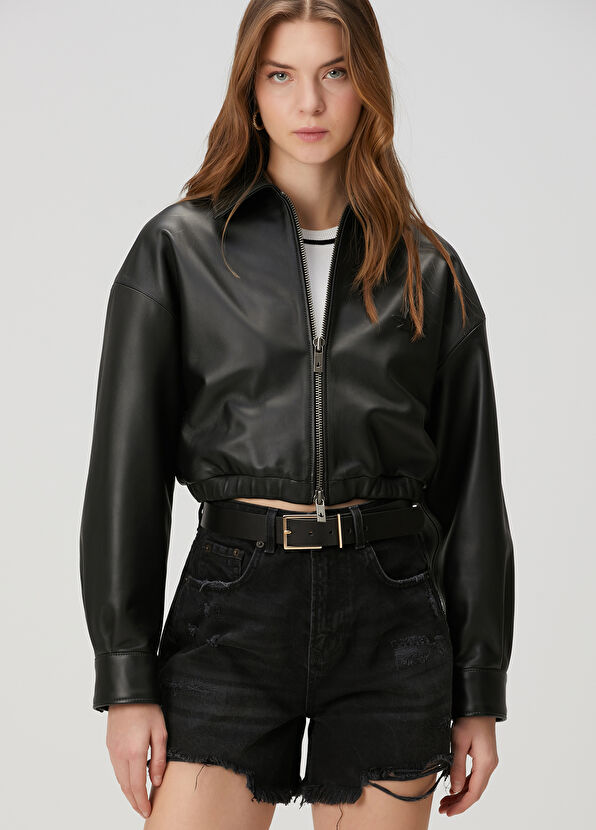 Beymen Club Black Crop Leather Jacket - 4