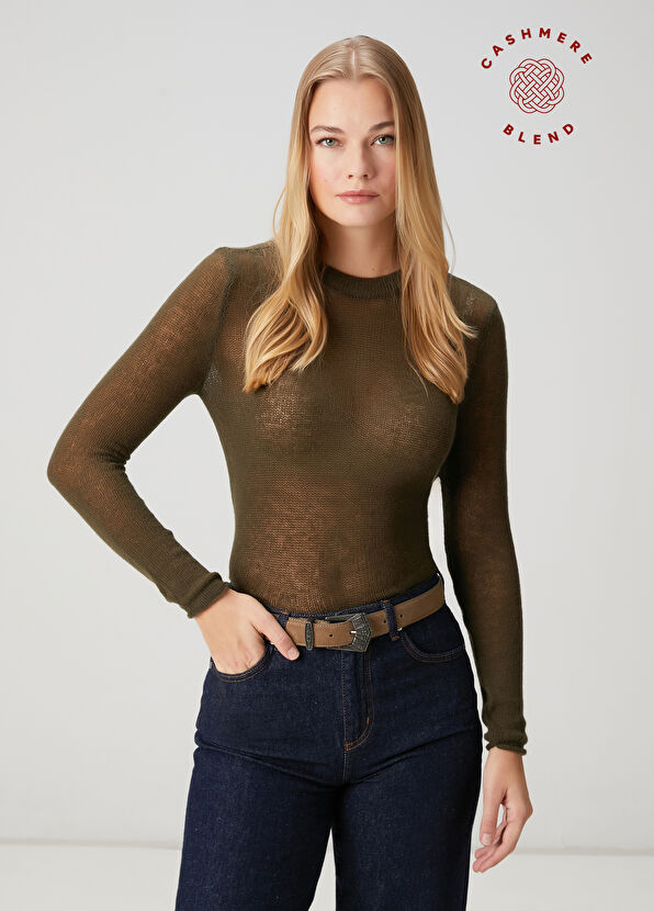 Beymen Club Haki Transparan Kaşmir Basic Kazak - 1