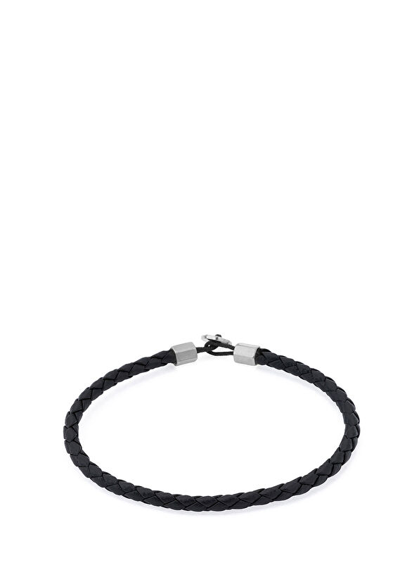 Siyah Deri Gümüş Kaplama Çelik Erkek Bileklik - Görsel 3