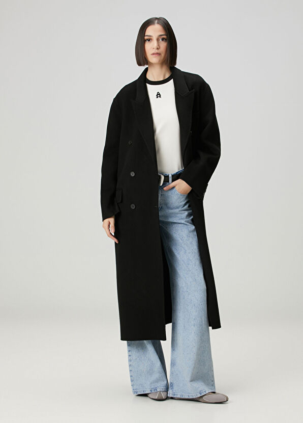 Siyah El Dikişli Yün Palto - Görsel 5