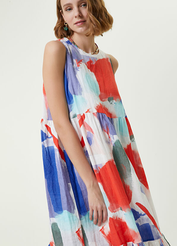 Beymen Club Beyaz Marin Fırça Desenli Midi Kolsuz Keten Elbise - 2