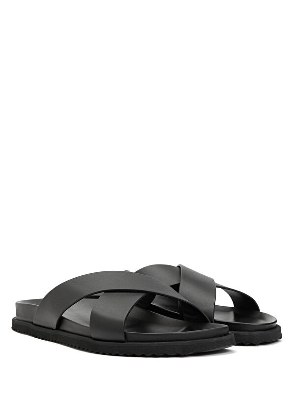 Beymen Club Black Cross Straps Men's Leather Slippers - 2
