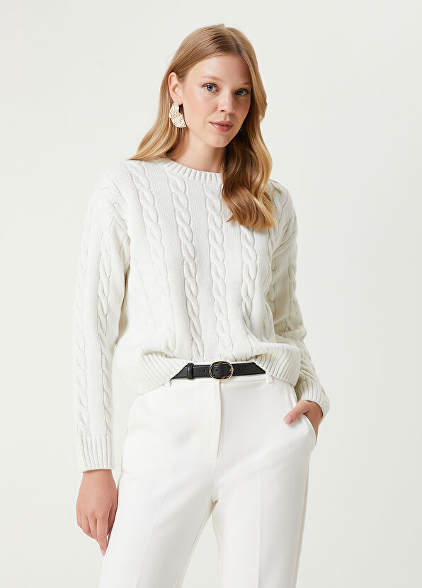 Beymen Club Kırık Beyaz Saç Örgü Yün Kazak - 1