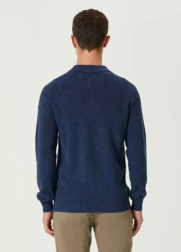 Beymen Club Koyu Mavi Polo Yaka Fitilli Yün Triko - 4