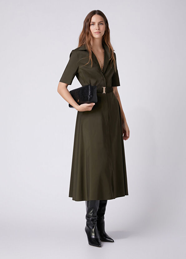 Beymen Club Khaki Belted Midi Taffeta Dress - 1