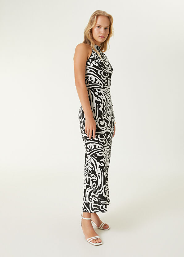 Beymen Club Siyah Beyaz Midi Keten Elbise - 4