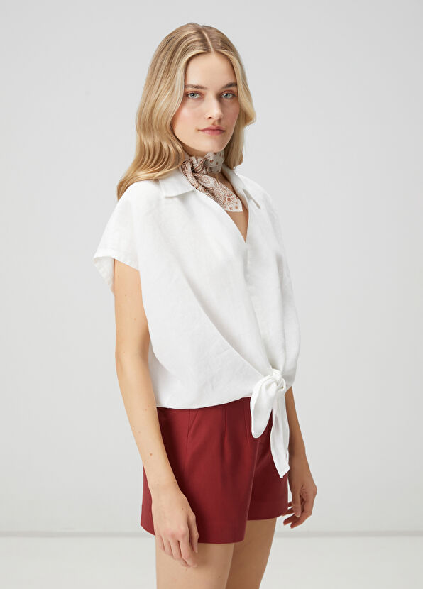 Beymen Club Off-White Knot Detail Linen Blouse - 4