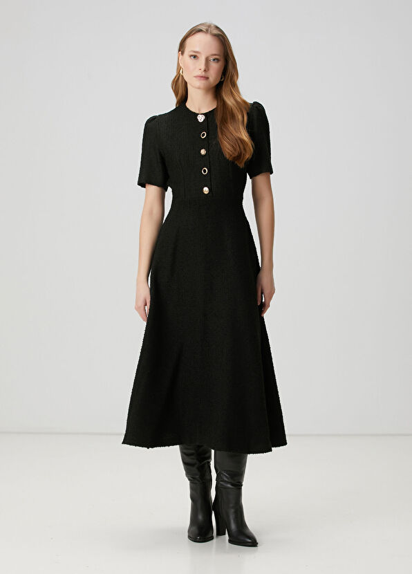 Beymen Club Black Gold Button Detailed Midi Tweed Dress - 4