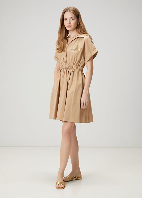 Beymen Club Bej İşlemeli Logolu Mini Gömlek Elbise - 4