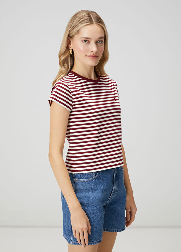 Beymen Club White Burgundy Striped T-shirt - 4