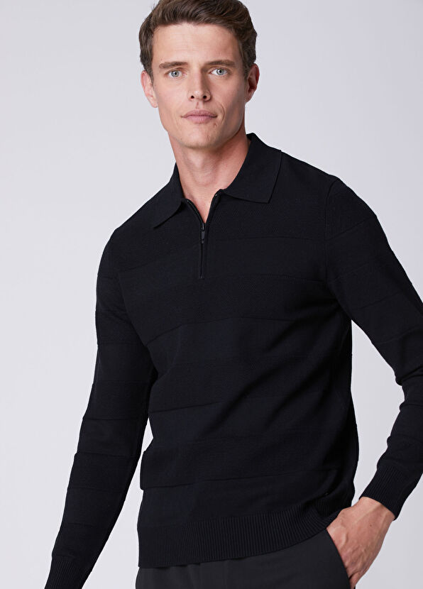 Beymen Club Black Polo Collar Horizontal Knit Block Sweater - 2