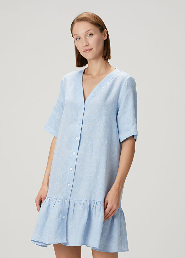 Beymen Club Mavi Mini Keten Gömlek Elbise - 1