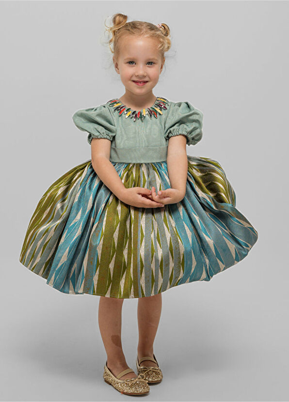 Lullmom Yeşil Pamuklu Kemerli Kız Çocuk Elbise - 2