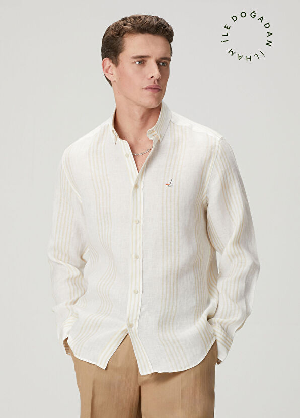 Beymen Club Beige White Striped Comfort Fit Linen Shirt - 1