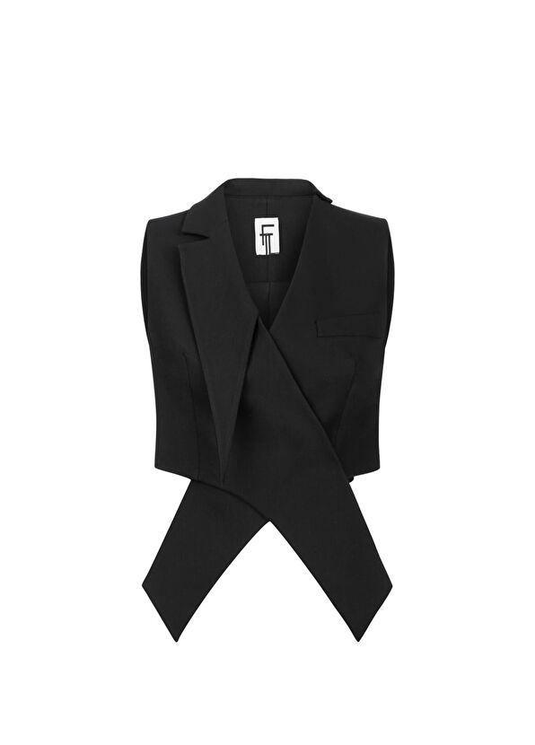 Feel The Lotus Snowy Black Asymmetrical Fabric Detailed Women's Crop Vest - 1