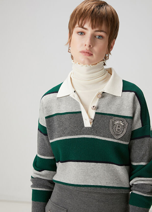 Beymen Club Koyu Yeşil Çizgili Yün Polo Kazak - 4