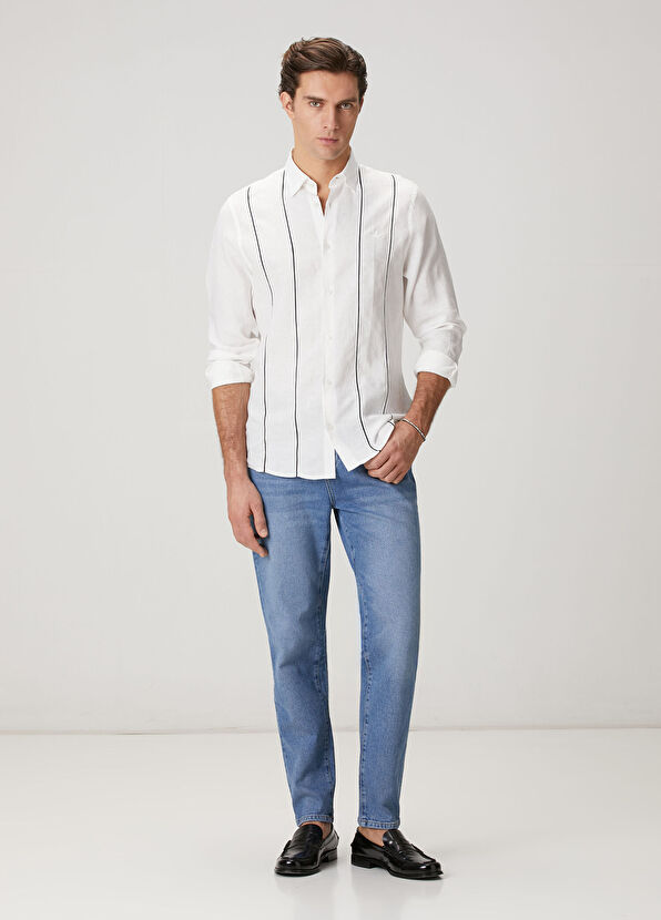 Beymen Club Comfort Fit Beyaz Dikey Biyeli Keten Gömlek - 3