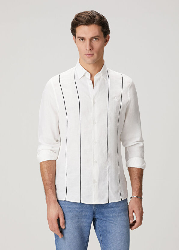 Beymen Club Comfort Fit Beyaz Dikey Biyeli Keten Gömlek - 2