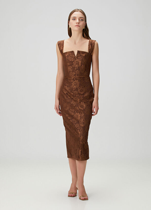 Kahverengi Midi Dantel Kokteyl Elbise - Görsel 2