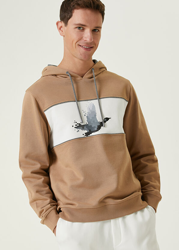 Beymen Club Bej Kapüşonlu Piksel Kaz Baskılı Sweatshirt - 2