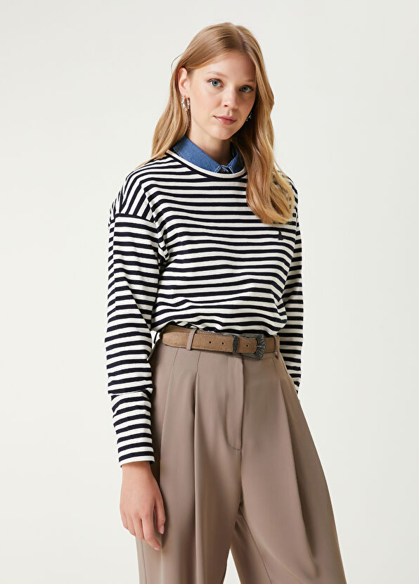 Navy Blue White Striped Sweatshirt Beymen Club Navy Blue White Striped Sweatshirt - 4