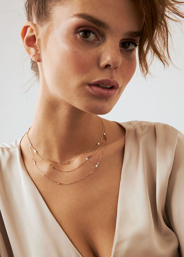 Üç Zincir Burma 14 Ayar Kadın Altın Kolye - Görsel 5