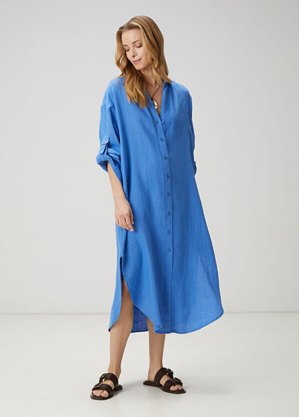 Beymen Club Blue Midi Linen Shirt Dress - 1
