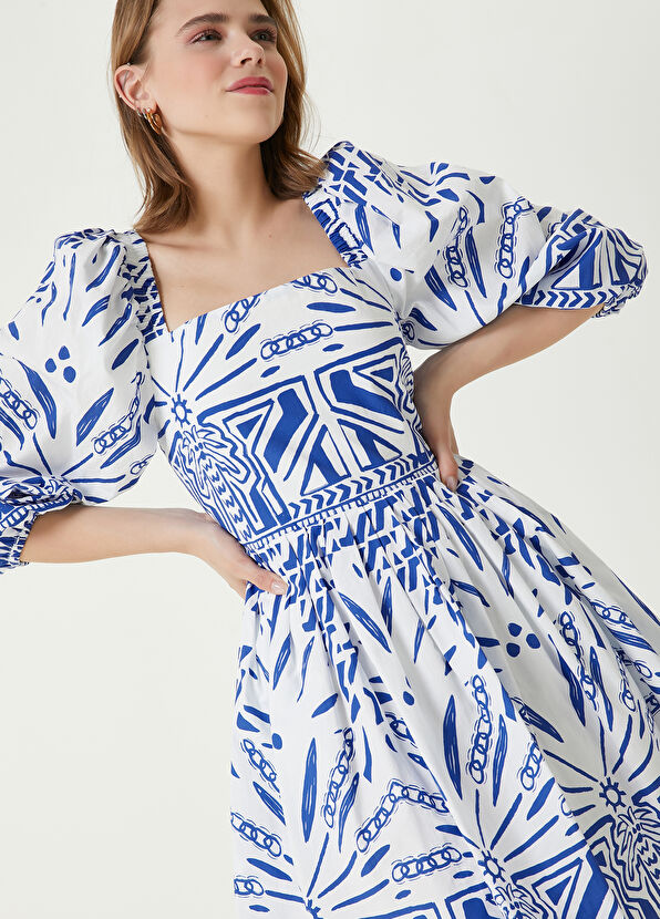 Beymen Club Mavi Beyaz Desenli Mini Elbise - 3