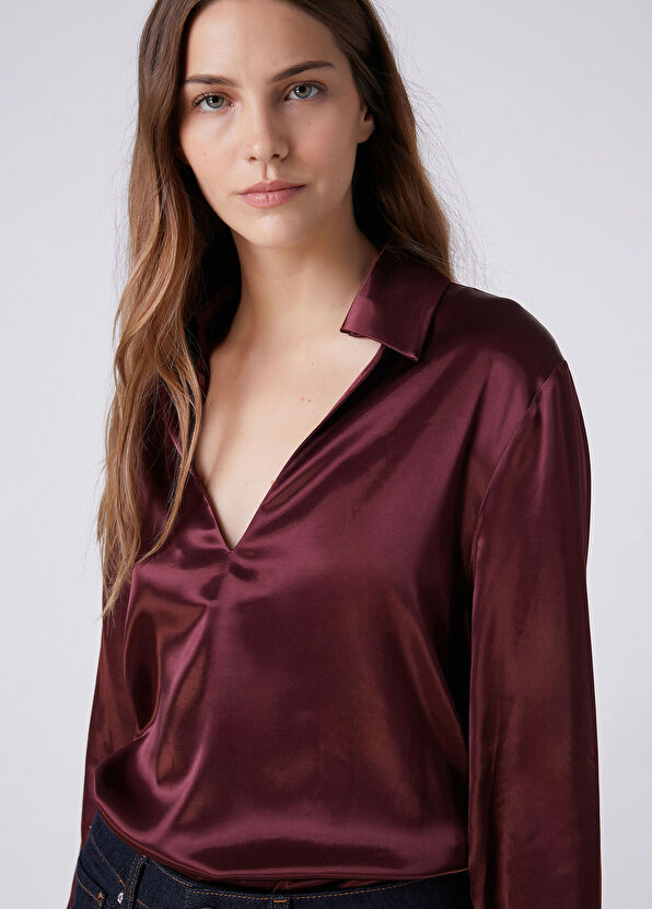 Beymen Club Burgundy Polo Satin Blouse - 2