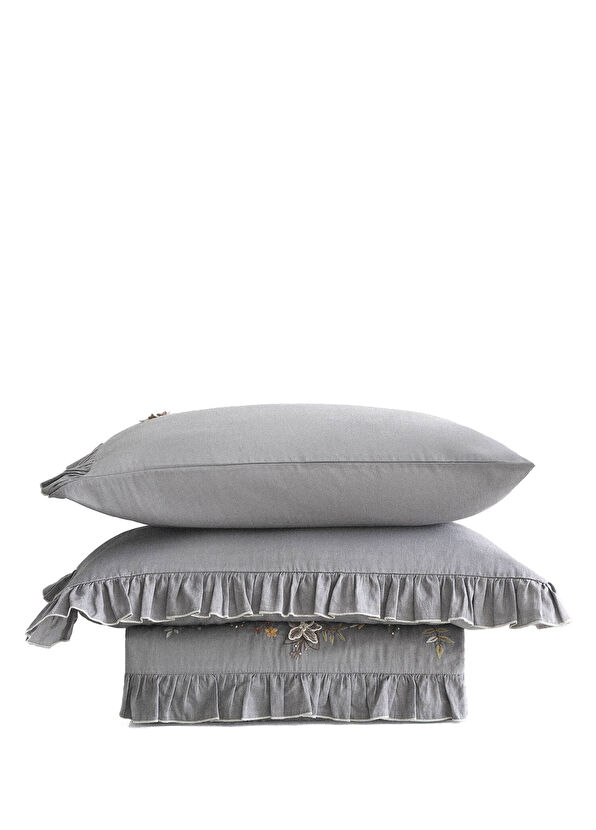 Ecocotton Zaira Nakışlı Gri Organik Pamuk Saten Battal Boy Nevresim Takımı 240 x 220 cm - 1