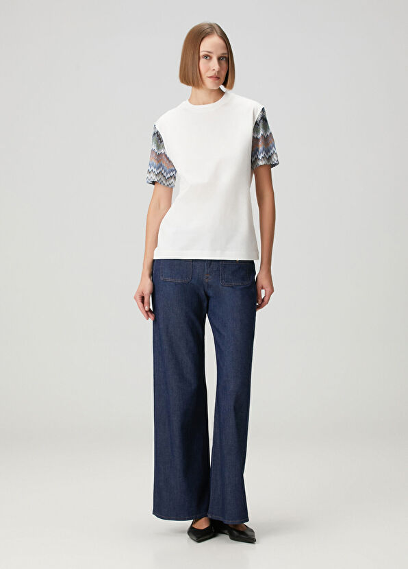 Beyaz Zikzak Desenli T-shirt - Görsel 3