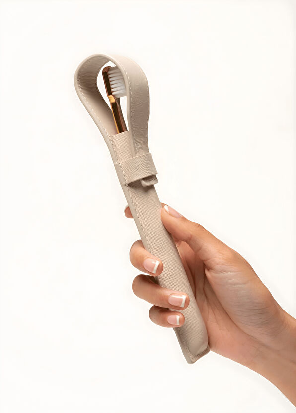 Aurezzi Gold White Medium Diş Fırçası ve Bej Deri Diş Fırçası Kılıfı - 2