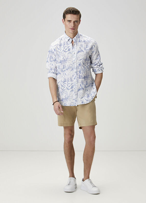 Beymen Club Comfort Fit Mavi Beyaz Çiçek Desenli Keten Gömlek - 3