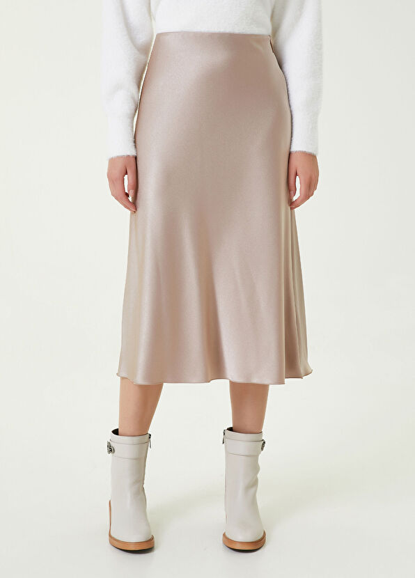 Beymen Club Beige Midi Evaze Satin Skirt - 2