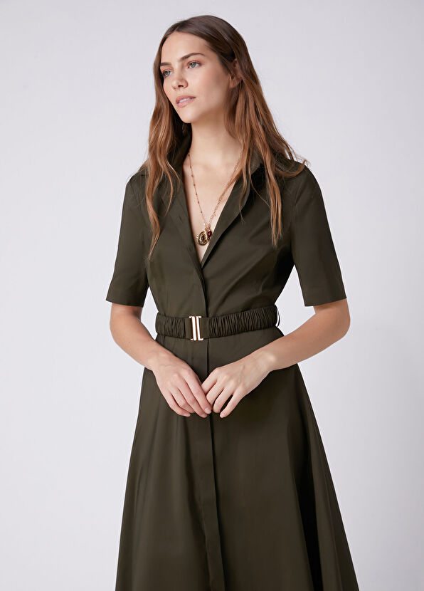 Beymen Club Khaki Belted Midi Taffeta Dress - 2