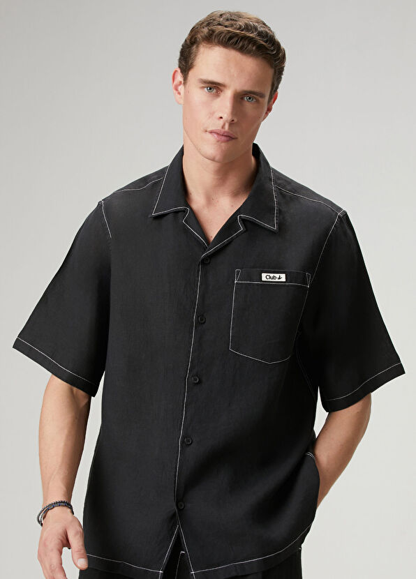 Beymen Club Siyah Oversize Fit Kısa Kollu Keten Gömlek - 1